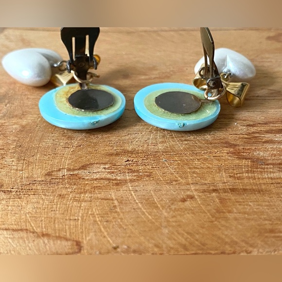 Redesigned blue opalescent clip on earrings with bow and faux pearl heart dangle - Picture 10 of 13